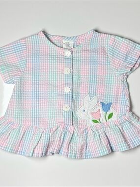 Vintage 80s 90s Nanette Pastel Gingham Seersucker Bunny Tulip Peplum Top 12M